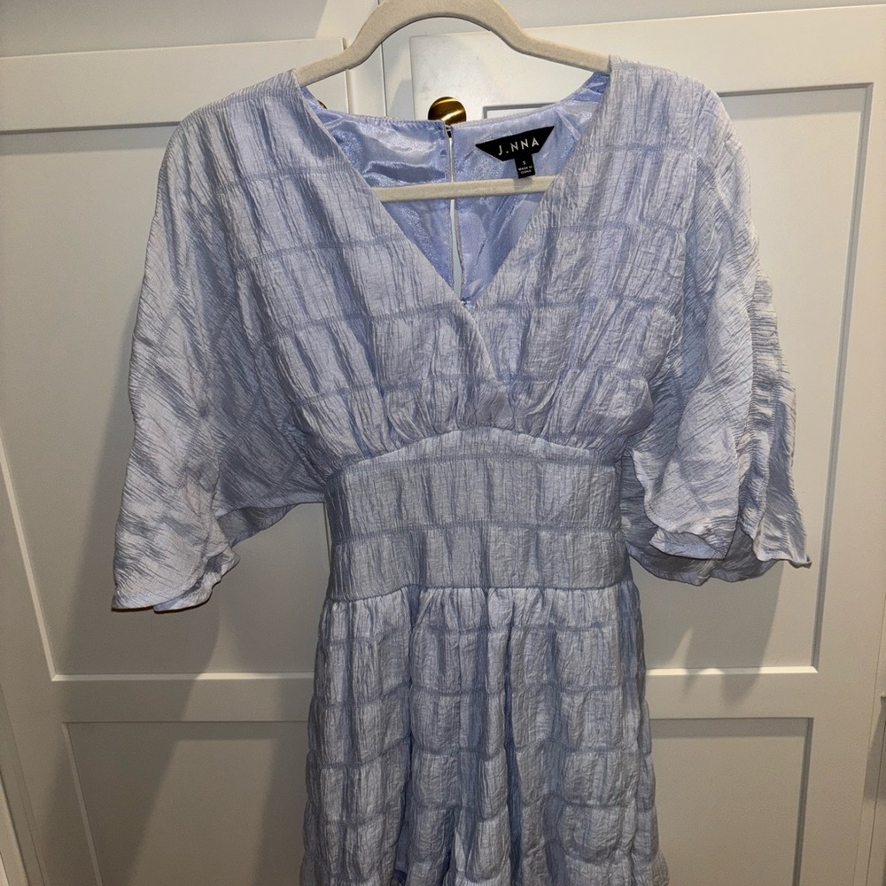 Blue Casual Jumpsuit with V-Neck and Flutter Sleeves